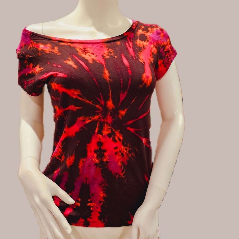 TIE DYE Brn Fushia Stretchy Rayon Top OS NWT
